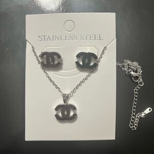 Silver Stainless Steel Interlocking Inspired CC Pendant Necklace & Earrings Set
